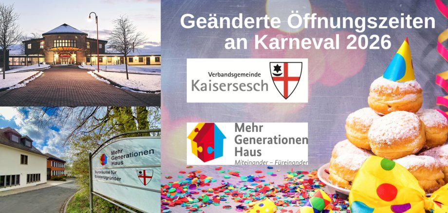 Collage mit dem Verwaltungsgebäude und dem Mehrgenerationenhaus Schieferland Kaisersesch. Weiterhin sind Konfetti, ein Teller mit gestapelten Berlinern, Luftschlangen und die beiden Logos der Verbandsgemeinde Kaisersesch und des Mehrgenerationenhauses Schieferland Kaisersesch zu sehen.